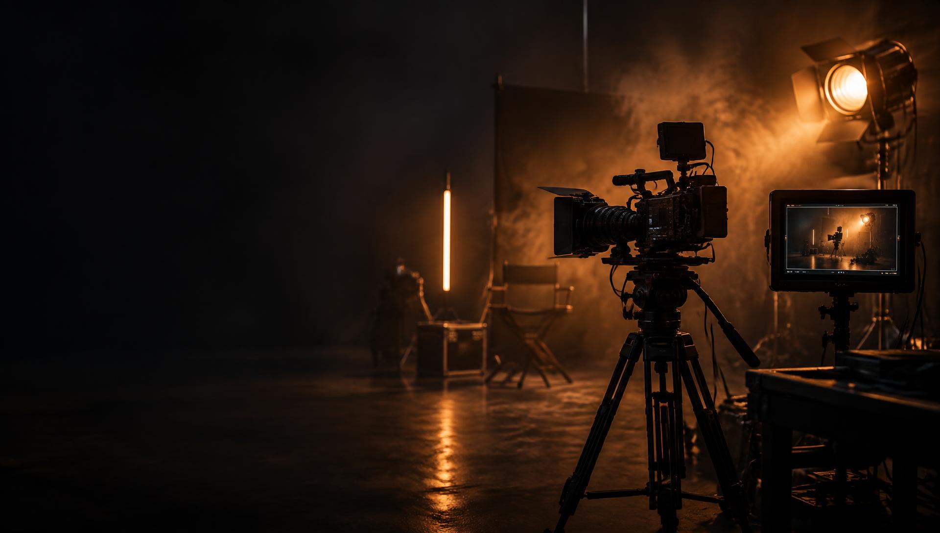 Set de filmagem em estúdio escuro com iluminação laranja
